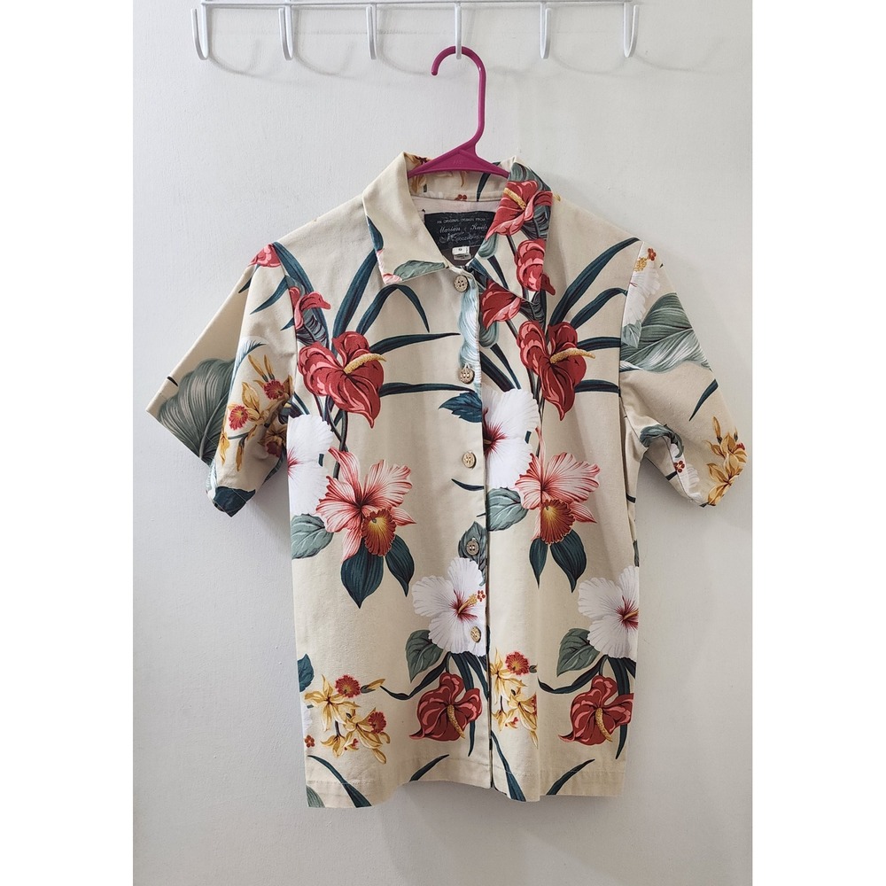 Vintage Marian Knits Woozworks Tropical Floral Hibiscus Cotton Button Up Shirt S